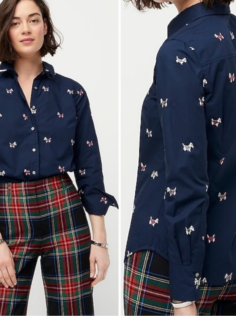 J.Crew Navy Embroidered Dog Print Button Down Shirt Women’s Size 10 Slim